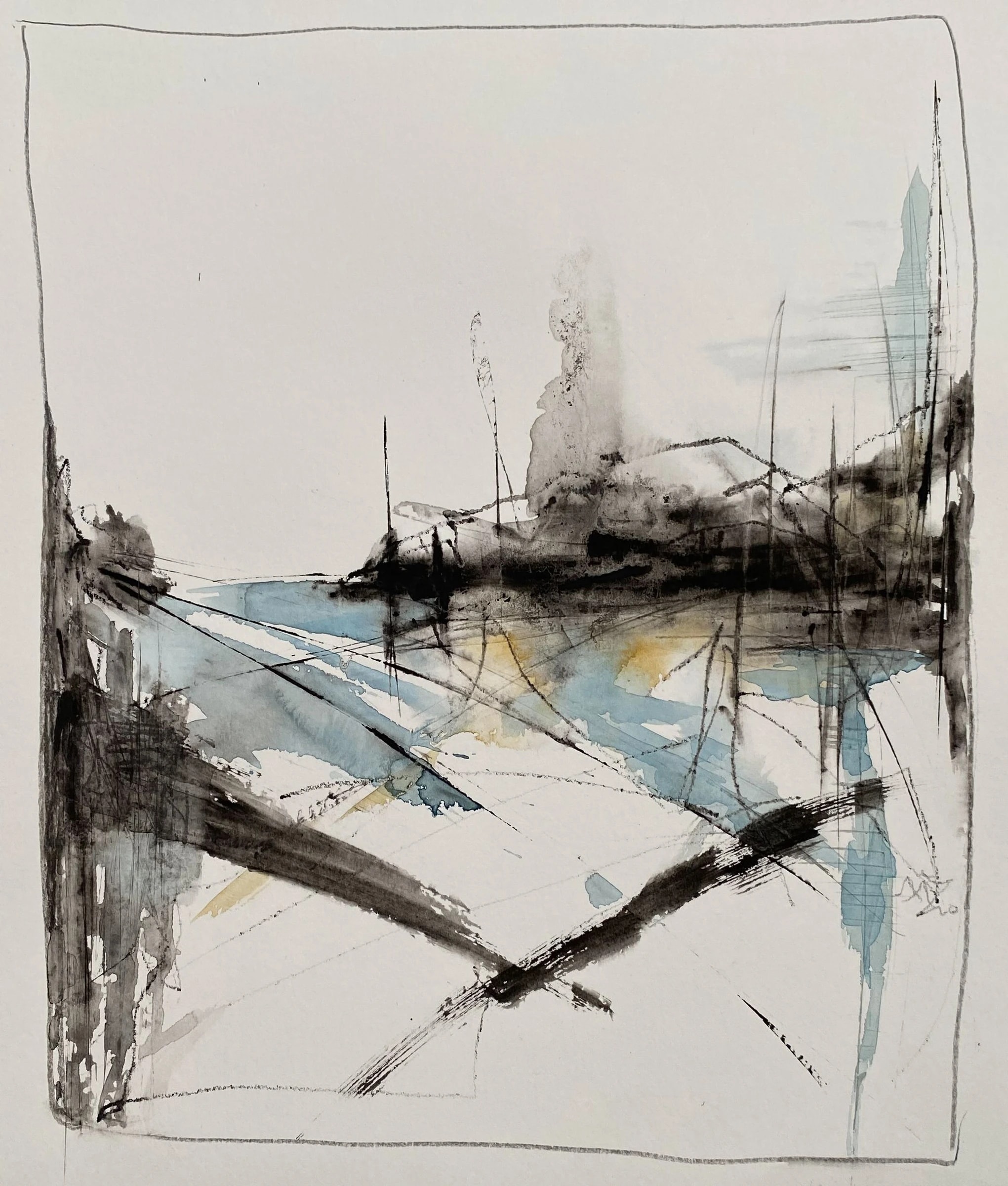 Angular dark lines cross a pale landscape with blue water, upright marks and broad white areas.