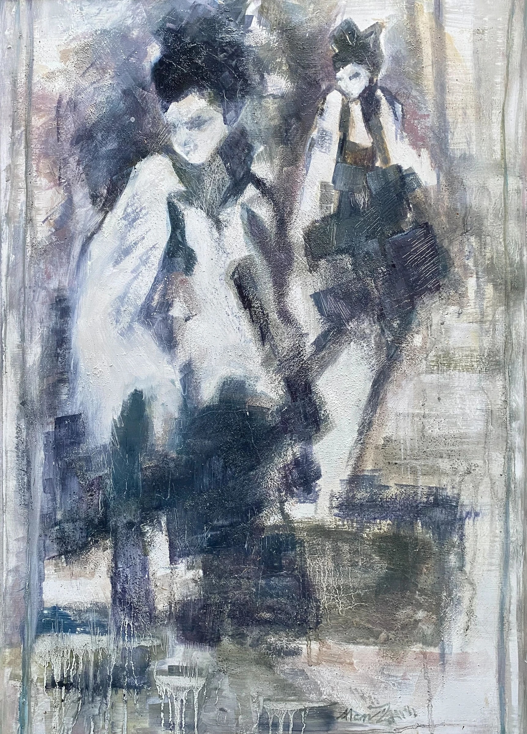 Two standing figures in pale and dark clothing, loosely defined against a grey, textured background.
