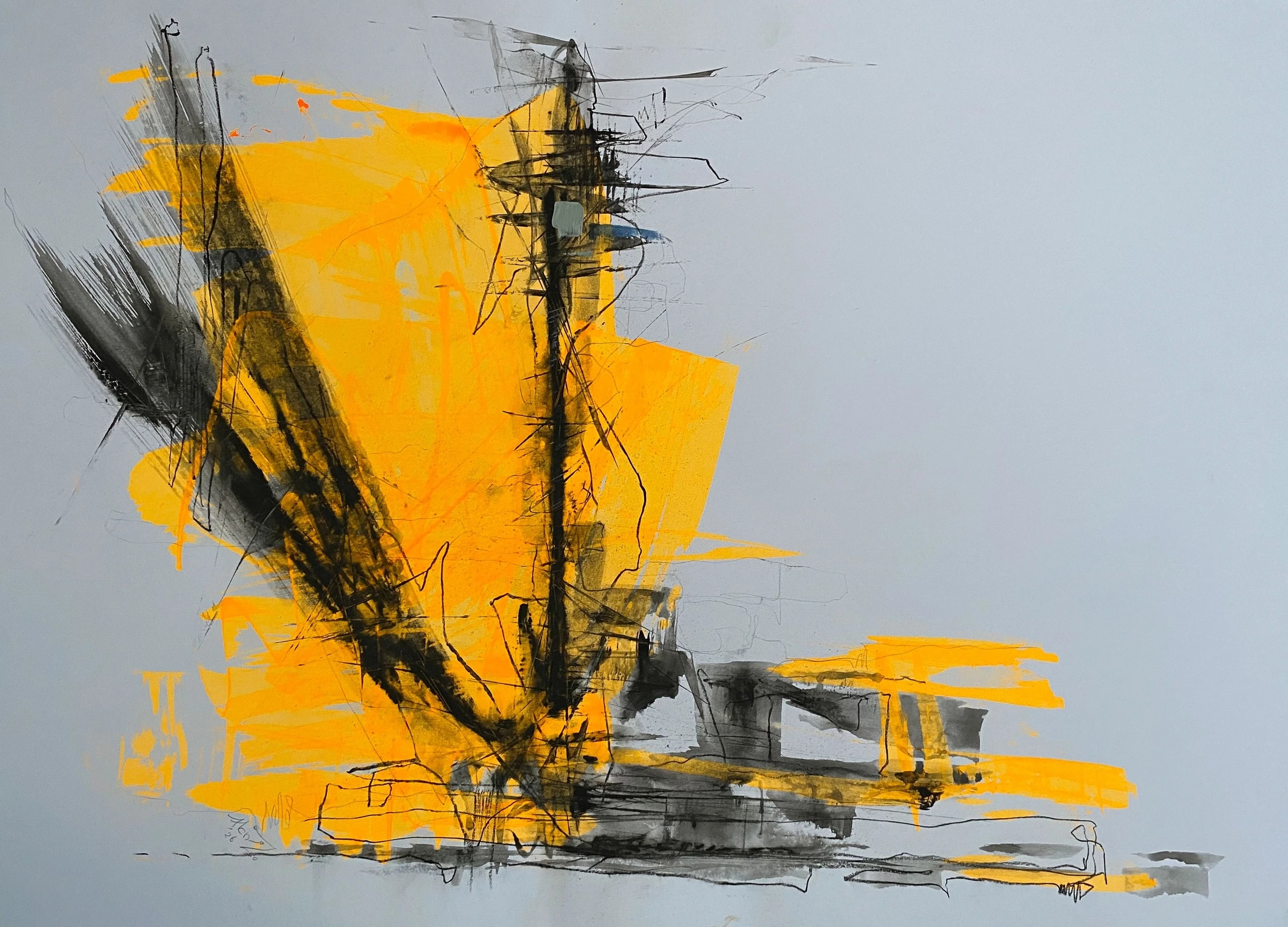 Abstract work with a bold yellow field on the left, dense black mast-like strokes rising through it, and grey washes drifting right into pale space.