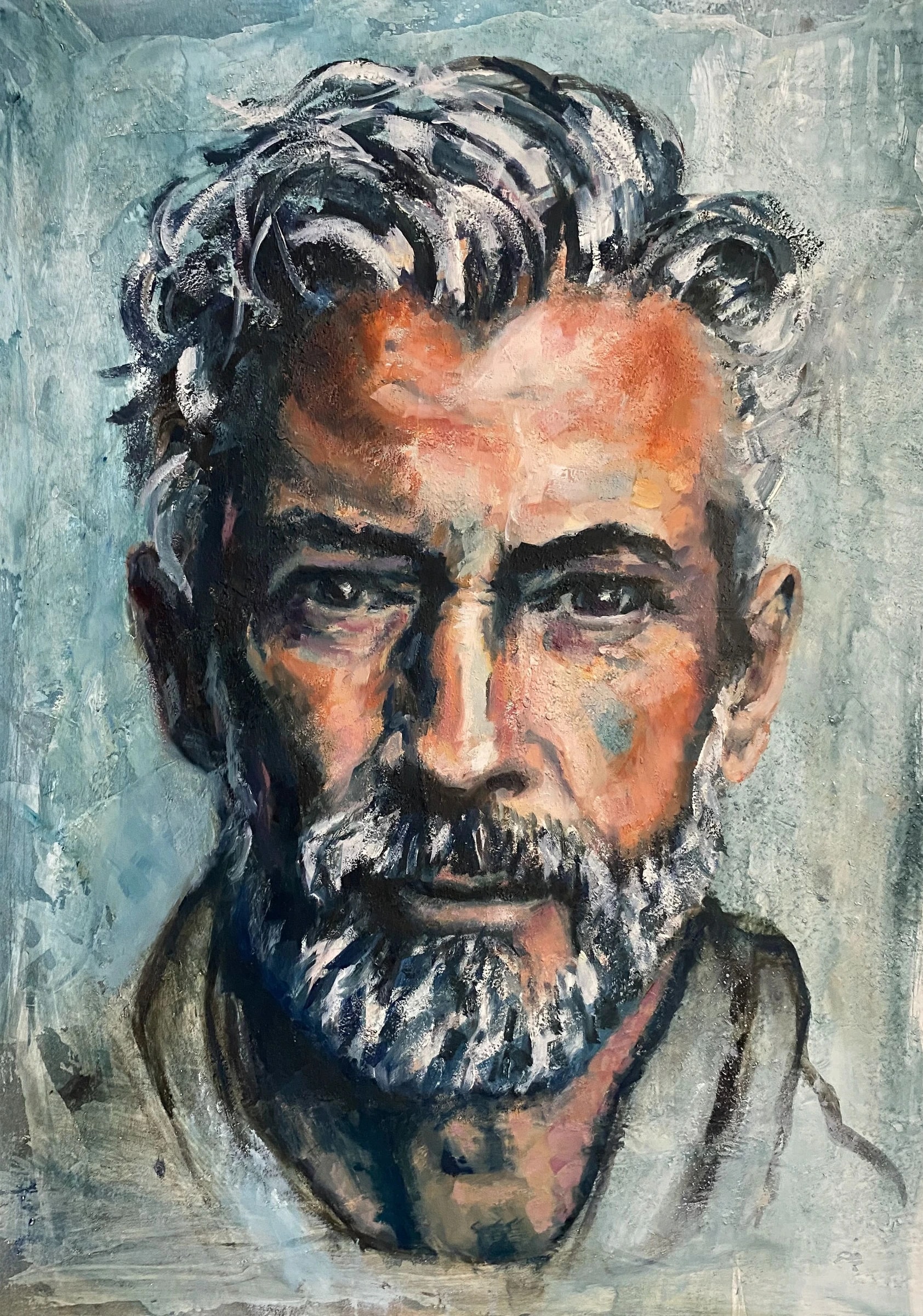 Portrait of a bearded man on a grey-green ground, face swept with broad orange strokes, hair and beard described in decisive white and grey marks.