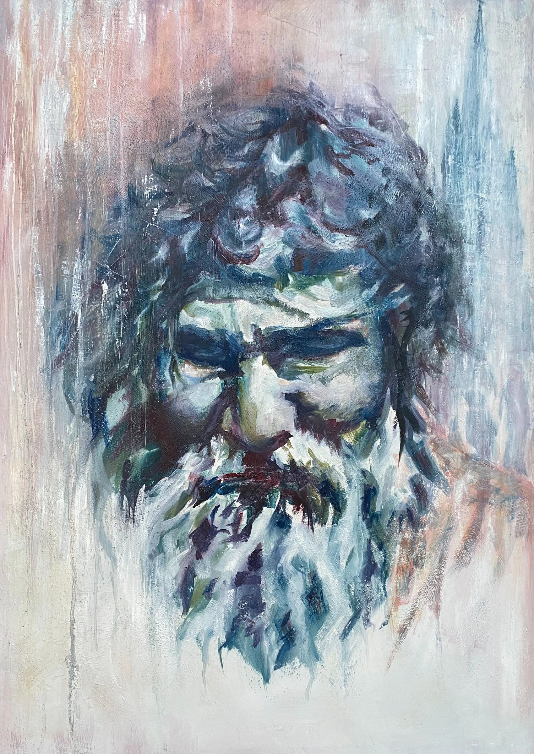 Front-facing bearded man with tousled dark hair, lowered eyes and white-blue highlights in the beard.