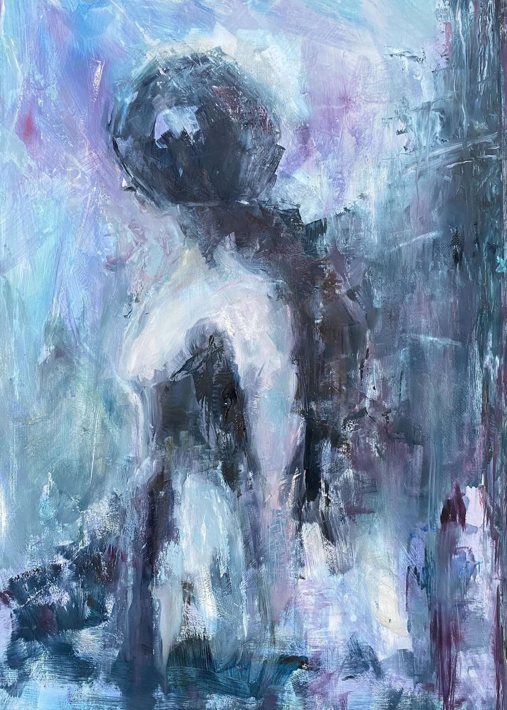 Seated figure seen from behind, with a pale back and dark head in a blue-violet setting.