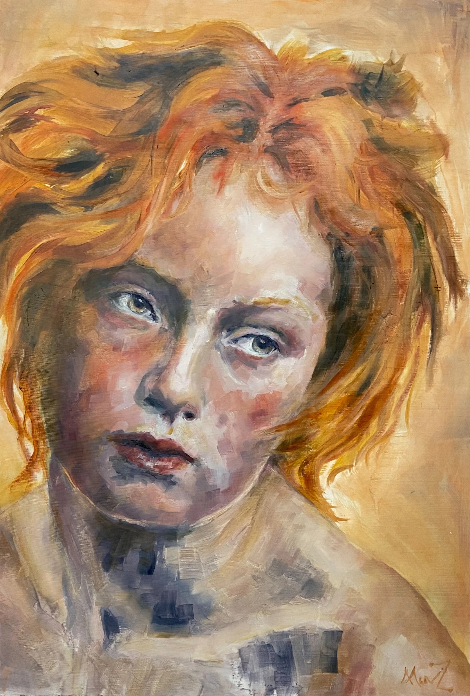 Portrait of a young figure with loose copper-orange hair on a pale ground, the face painted in thin washes with cool violet and grey shadows.