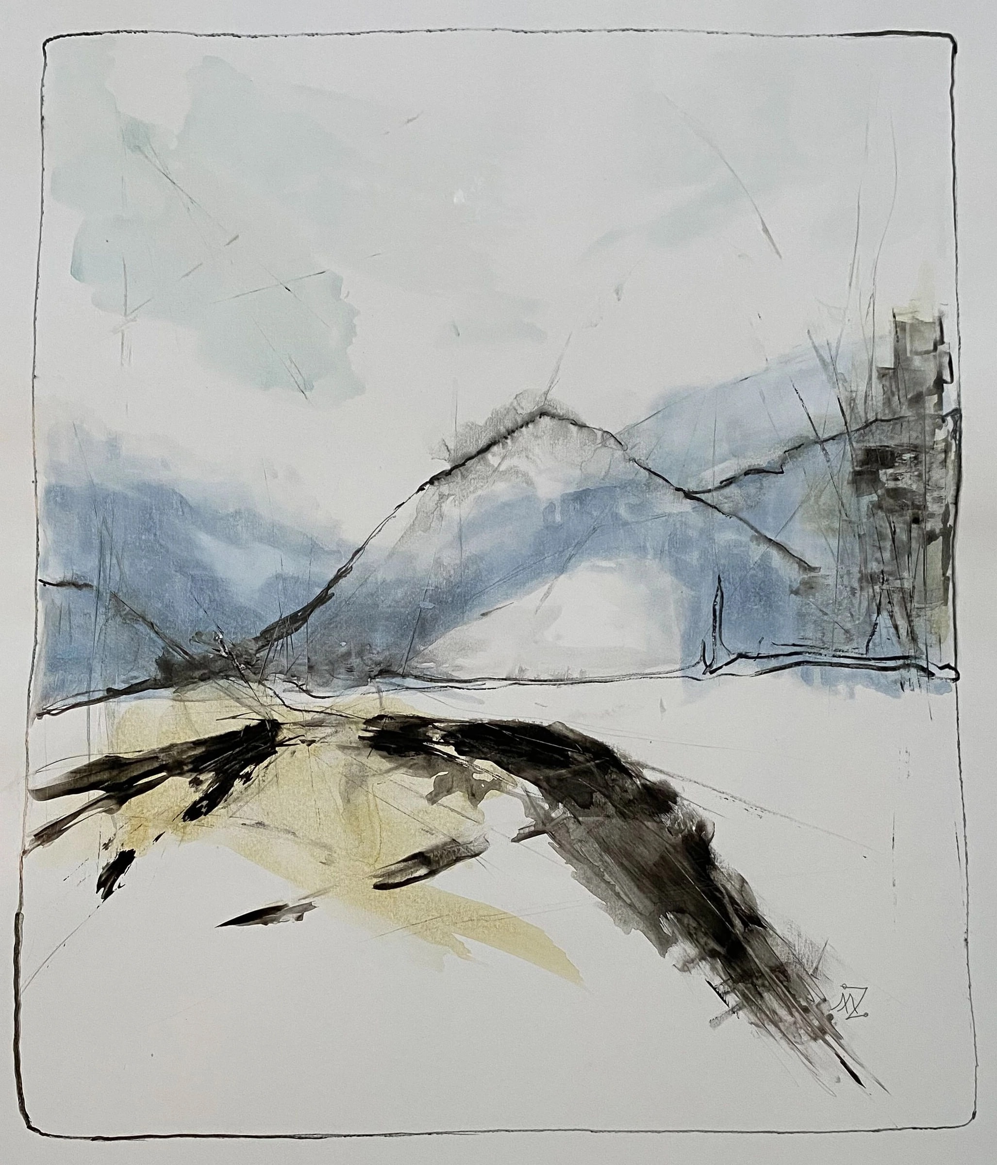 Sparse landscape with a soft grey-blue mountain ridge, a white plain, a hand-drawn border and two long dark strokes trailing warm ochre below.