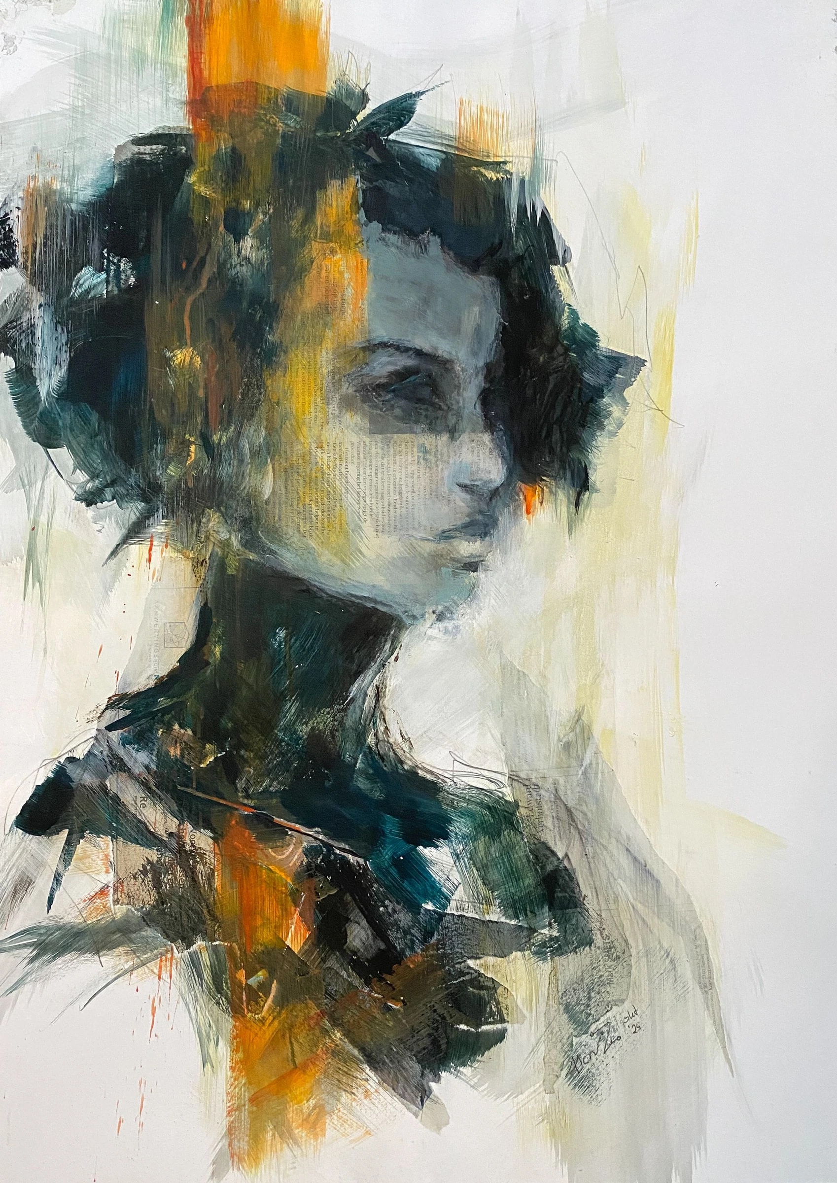 Three-quarter profile portrait in dark teal and black strokes with vertical orange and yellow bars and printed text showing through the pale face.