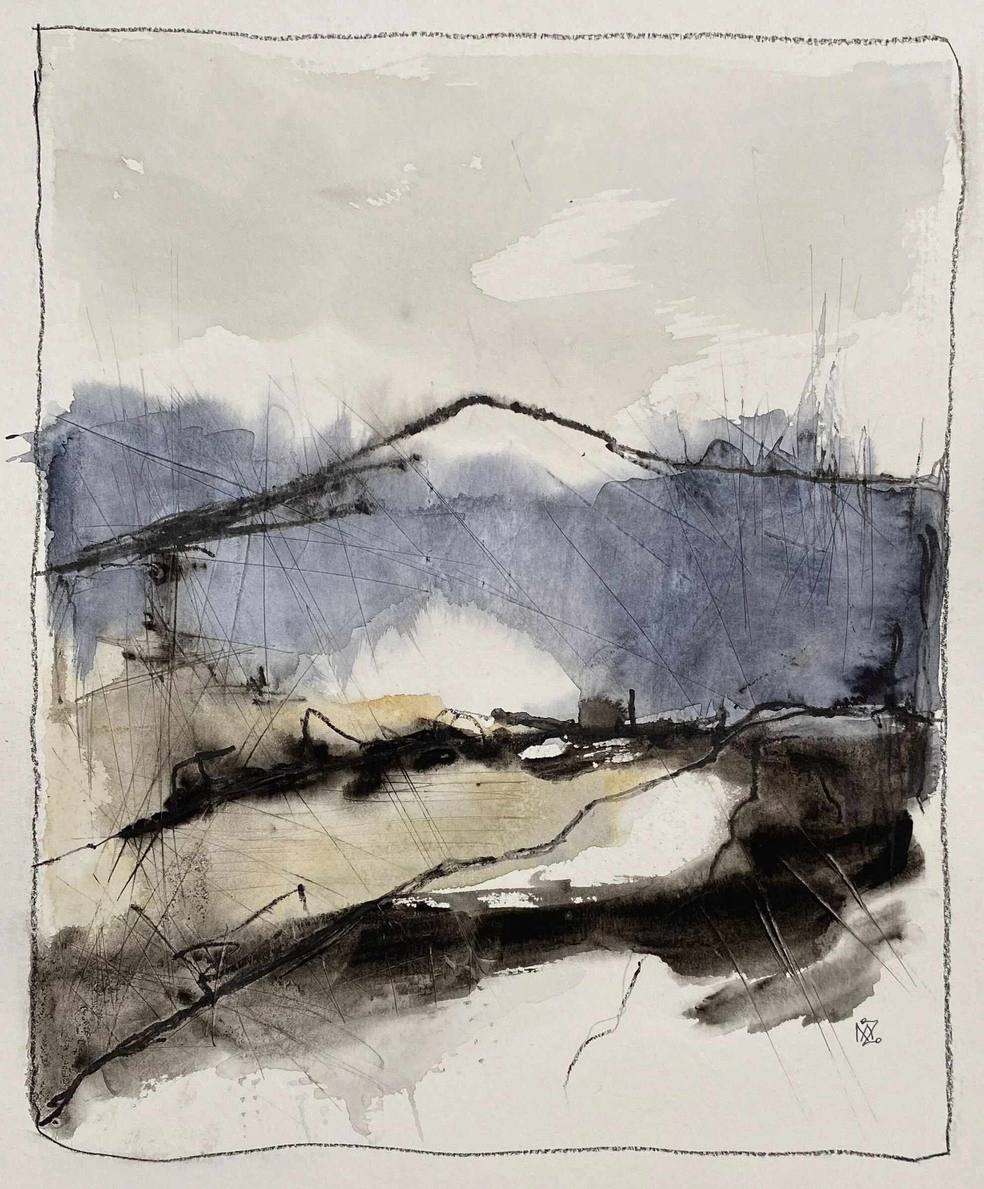 Abstract landscape in indigo and warm grey washes: a dark ridge line above a pale sandy plain, crossed by fine scratched ink strokes inside a drawn border.