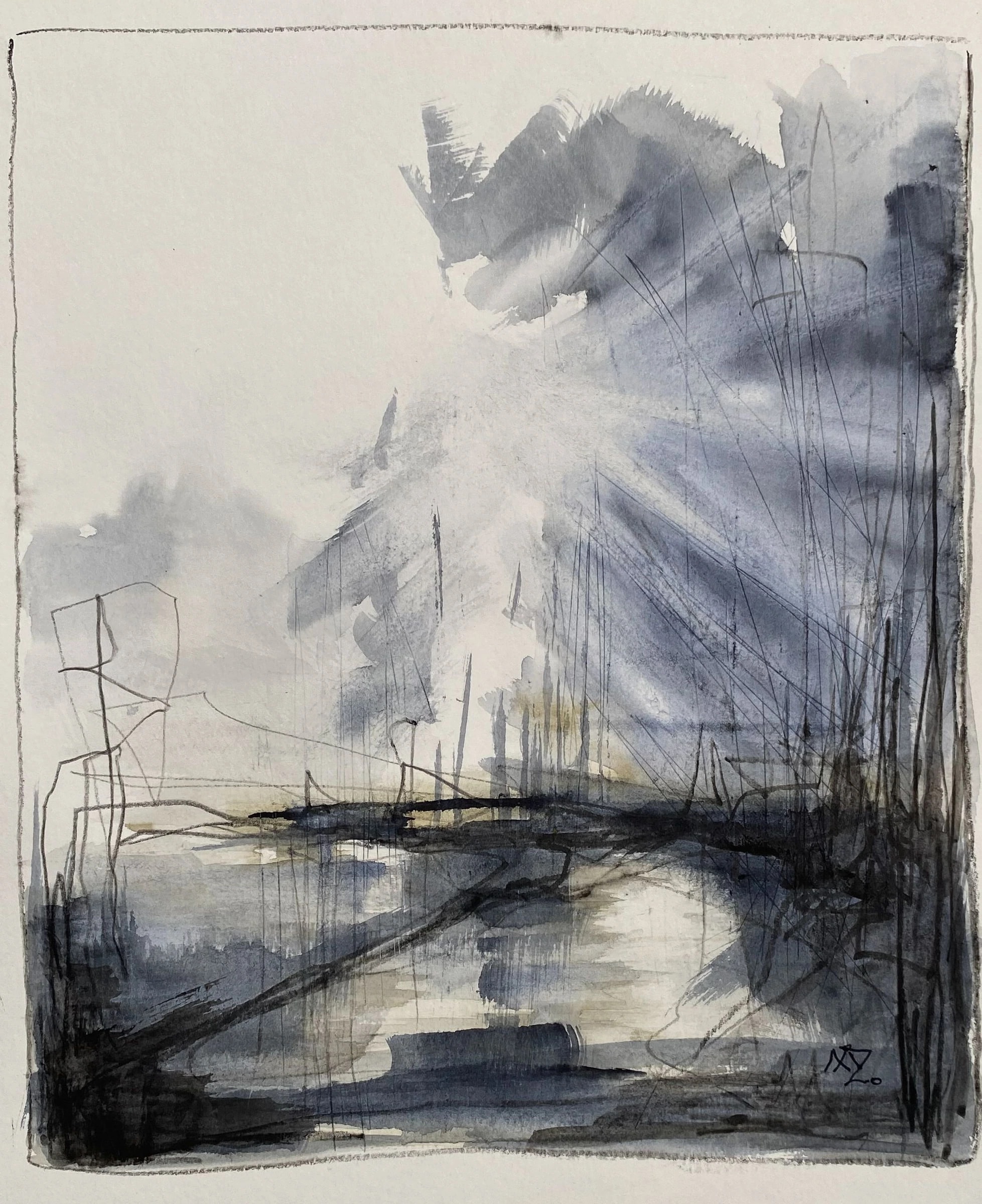 Abstract riverside landscape in violet-grey washes, with a dark horizontal water band and spiky vertical ink lines rising along the bank.