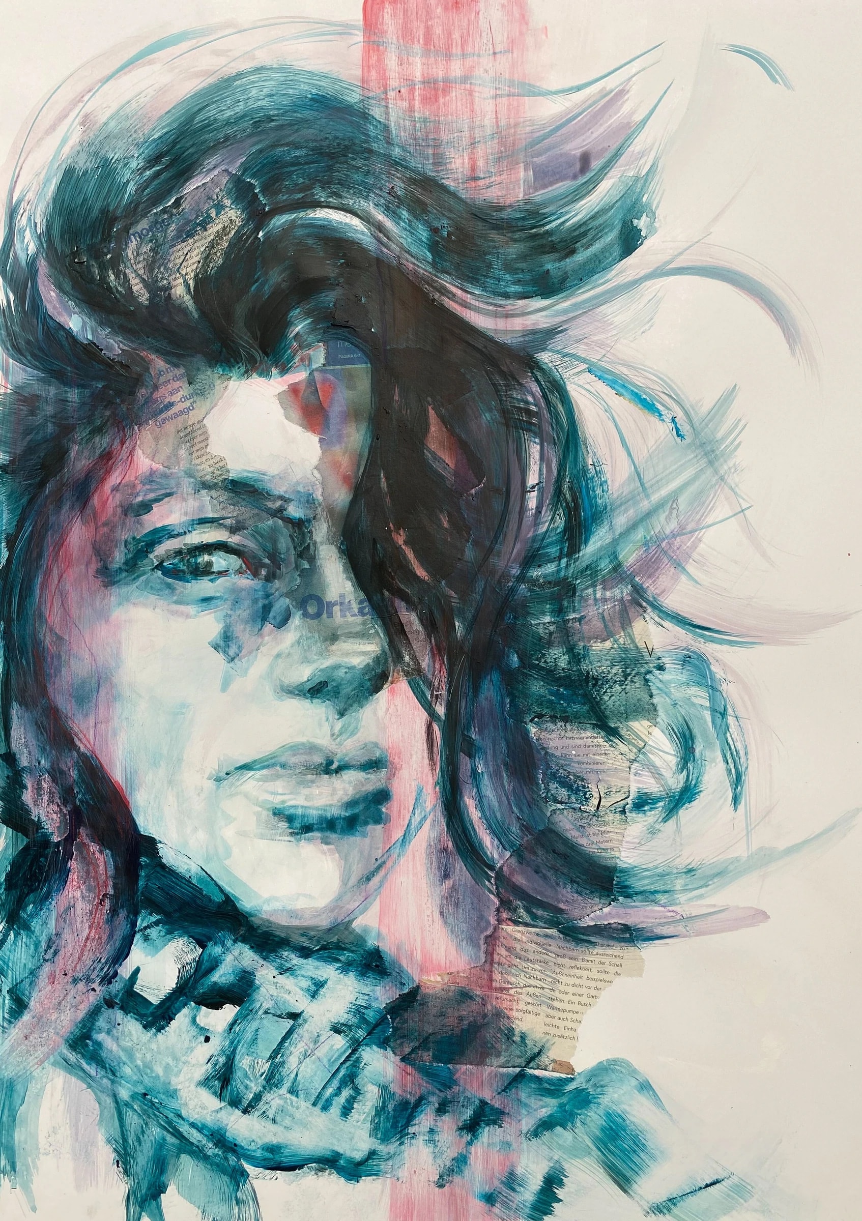 Portrait of a woman painted in turquoise and blue strokes, with long hair sweeping outward and soft pink accents on the cheeks and background.