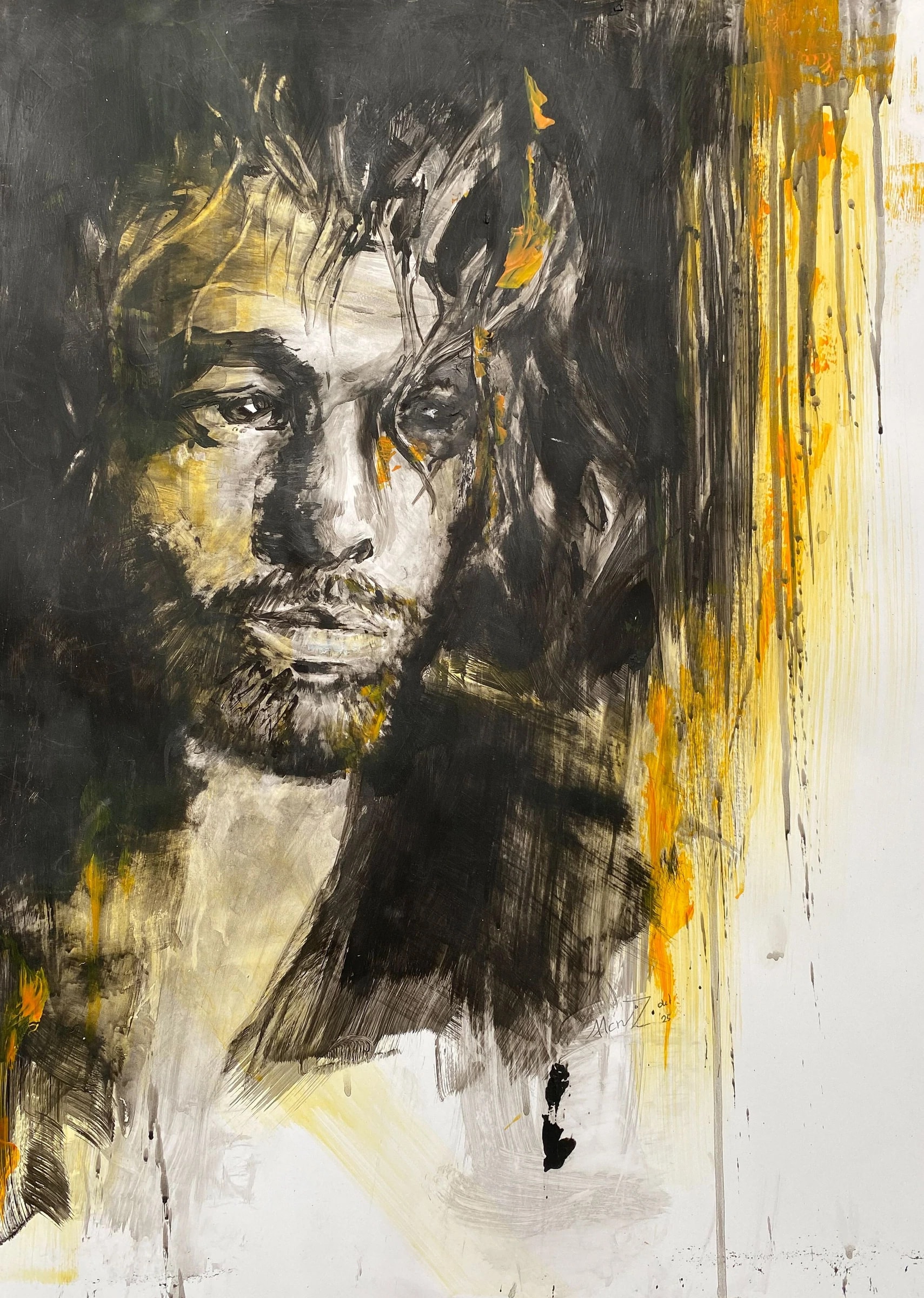 Charcoal-toned portrait of a young man with loose slashing hair strokes, cut through by streams of yellow and orange paint running down the right side.
