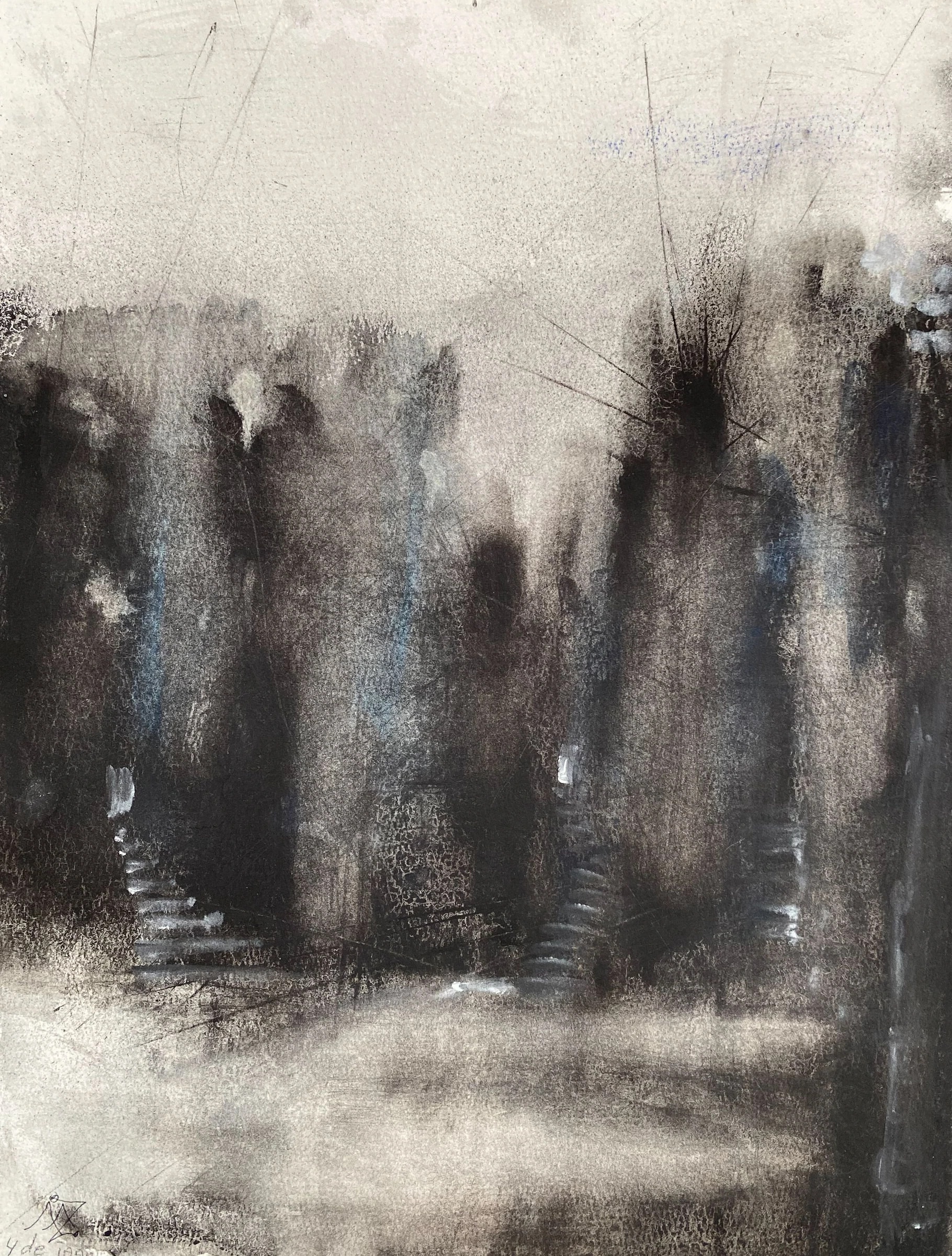 Horizontal abstract in smudged black and grey bands with faint blue and chalky white marks, fading into bare pale paper along the right side.